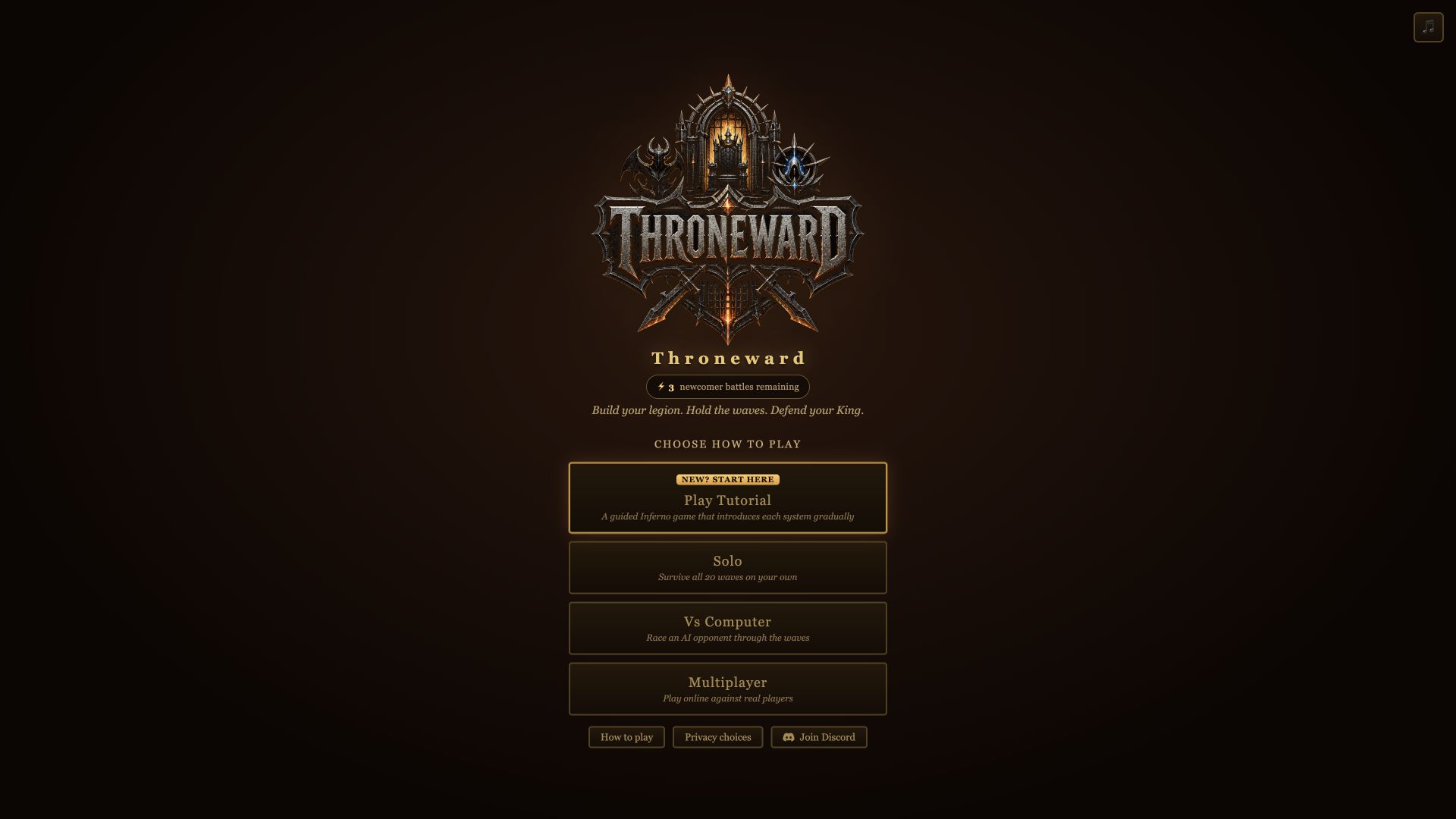 The Throneward main menu with Multiplayer alongside Tutorial, Solo and Vs Computer