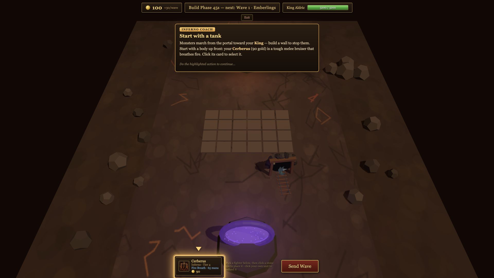 The Throneward tutorial showing 100 starting gold, wave income and the first build decision